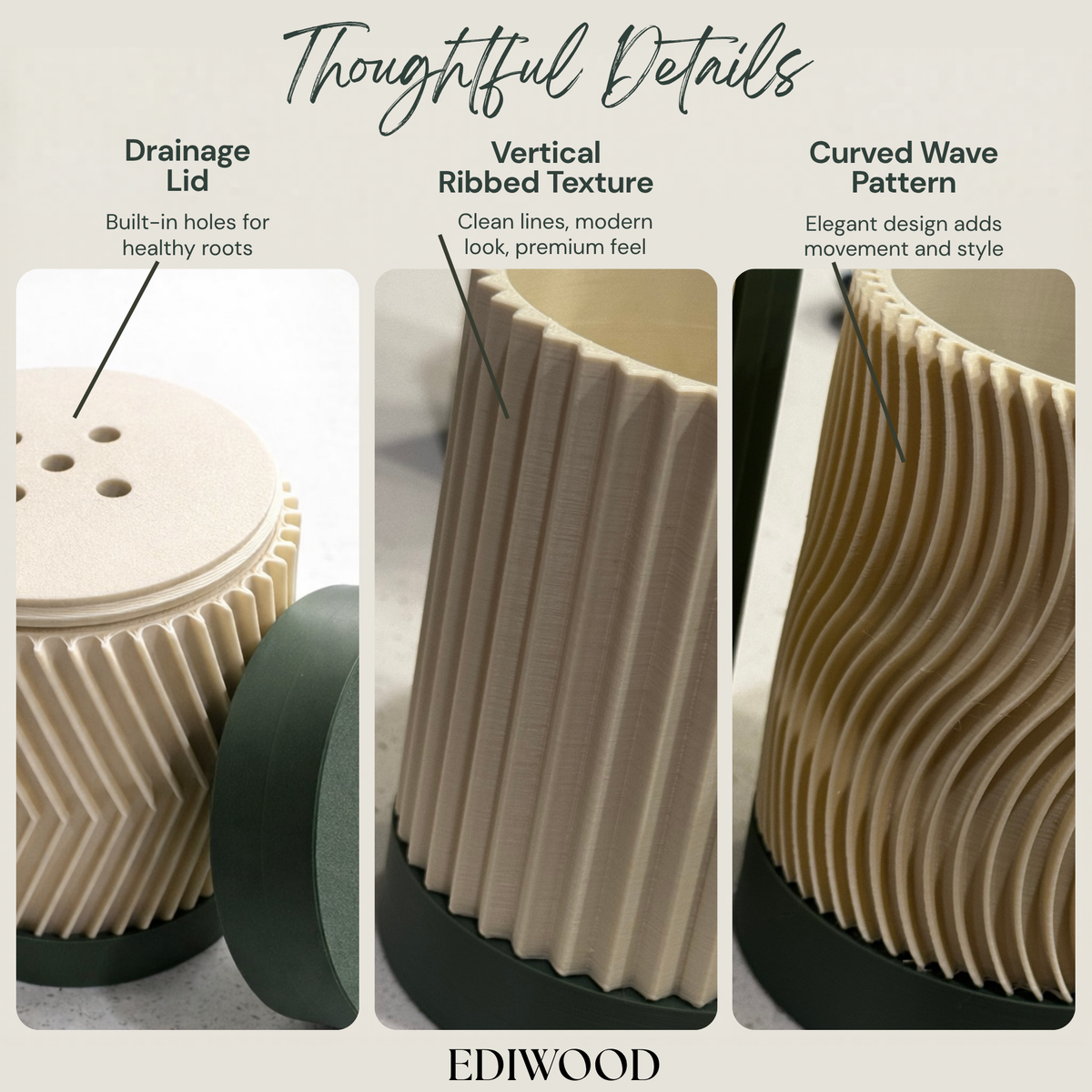 Ediwood Modern Wall Planter Set of 3 Premium PLA Planters